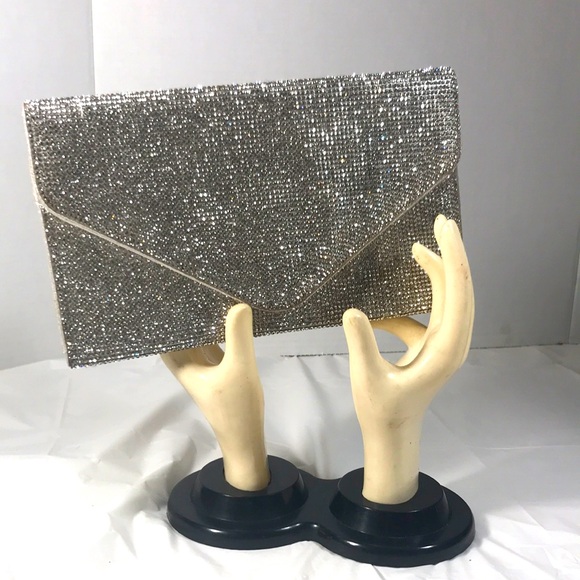 Rhinestone Envelope Vintage Chic Silver Clutch Bag With 21” Drop Chain - Picture 1 of 6